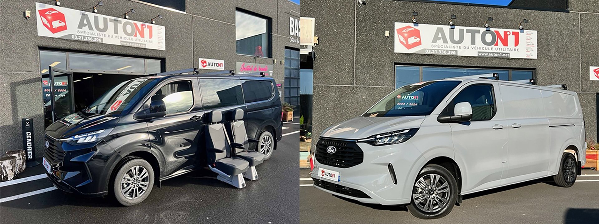 Deux fourgons aménagés devant le showroom AUTO N°1